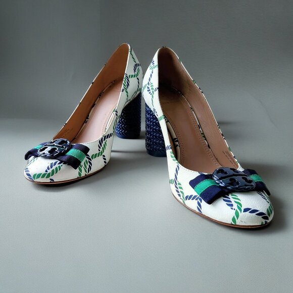 LIKE NEW VINTAGE AUTHENTIC TORY BURCH NAUTICAL CLASSIC LEATHER HEELS SHOES - Picture 1 of 14